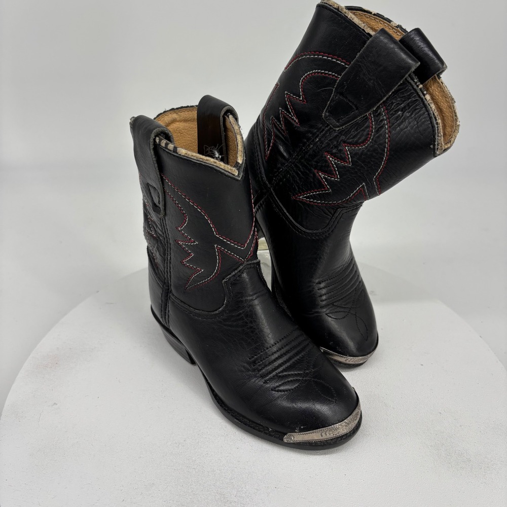 VTG Old West Cowboy Boots Kids Sz 5 Black Leather Metal Toe Cap Equestrian Rodeo - Picture 2 of 9